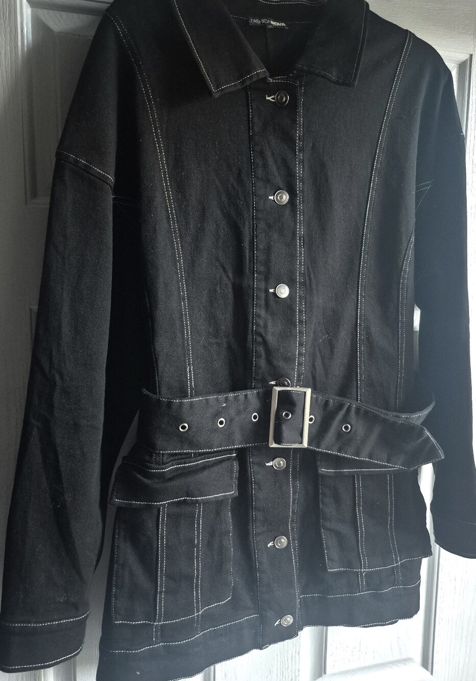 Fashion Nova Denim Black Jacket with White Topstitching and Belt